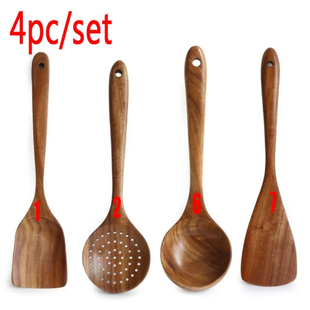 Colher De Louça De Madeira Natural, coador De Teca, Skimmer Especial De Sopa Nano, Colher De Cozinha, Kit De Ferramentas De Cozinha, 1-7Pcs por Conjunto