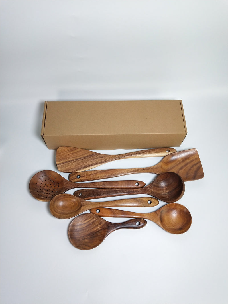 Colher De Louça De Madeira Natural, coador De Teca, Skimmer Especial De Sopa Nano, Colher De Cozinha, Kit De Ferramentas De Cozinha, 1-7Pcs por Conjunto
