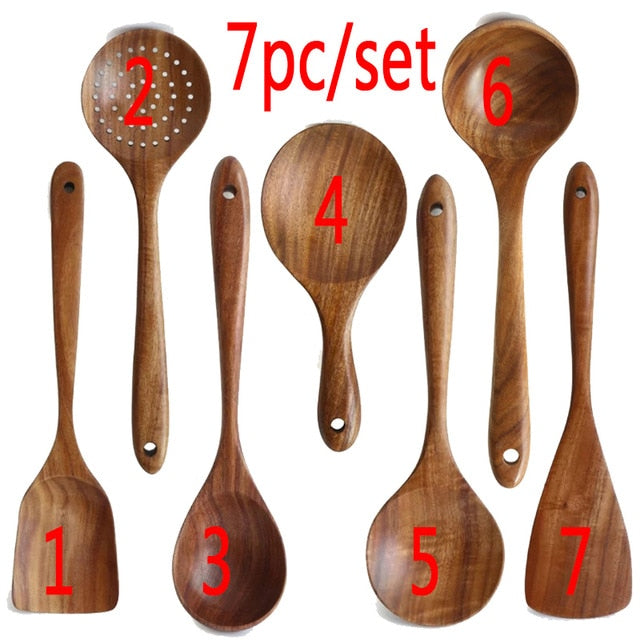 Colher De Louça De Madeira Natural, coador De Teca, Skimmer Especial De Sopa Nano, Colher De Cozinha, Kit De Ferramentas De Cozinha, 1-7Pcs por Conjunto